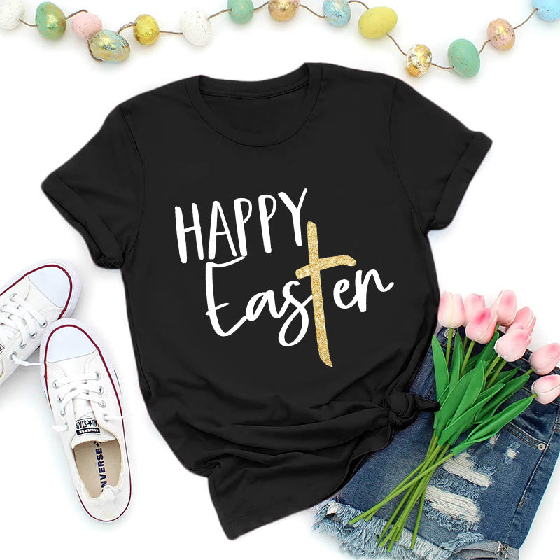 Christianartworkshop Happy Easter Glitter Cross Script Premium T-Shirt - Black - 2XL - image 5
