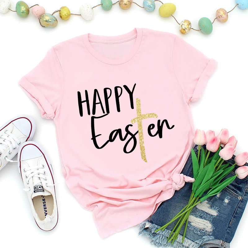 Christianartworkshop Happy Easter Glitter Cross Script Premium T-Shirt - Pink - 2XL - image 2