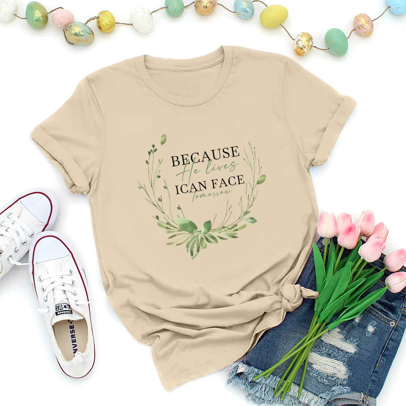 Christianartworkshop Because He Lives Greenery Wreath Premium T-Shirt - Beige - 2XL - image 6