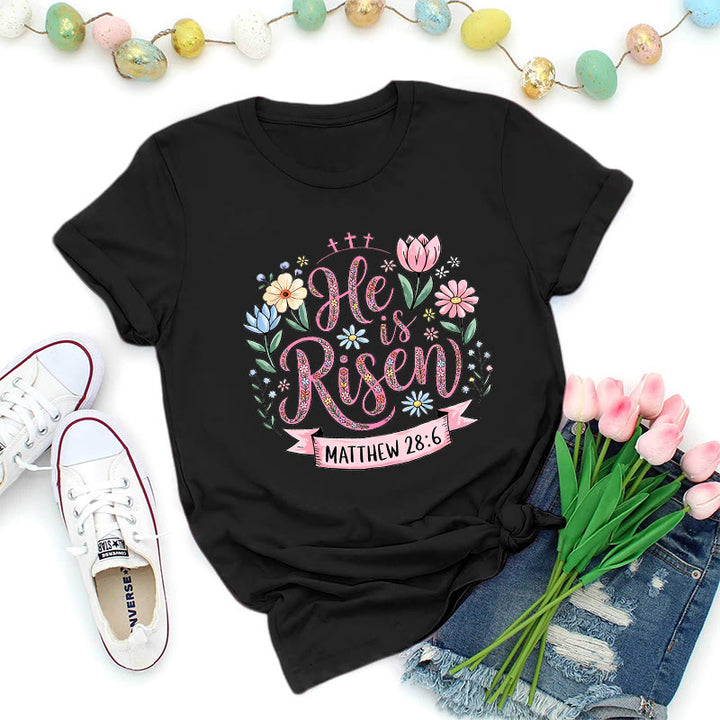 Christianartworkshop Vibrant Floral Wreath He Is Risen T-Shirt - Black - 2XL - image 3