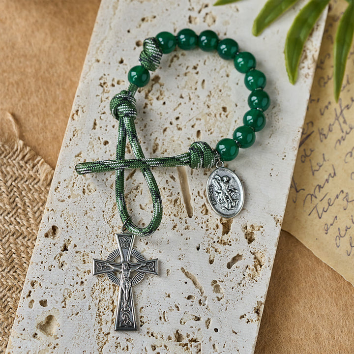 Christianartworkshop Green Aventurine Easter Pocket Rosary with St. Michael Pendant and Celtic Cross - image 1