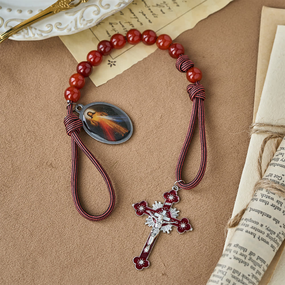 Christianartworkshop Divine Mercy Guardian Pocket Rosary with Natural Red Agate Beads - image 2
