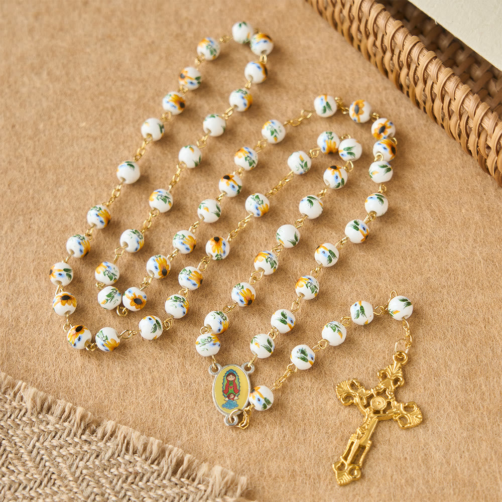 Christianartworkshop Yellow Daisy Easter Rosary with Ceramic Beads & Our Lady Charm - image 2
