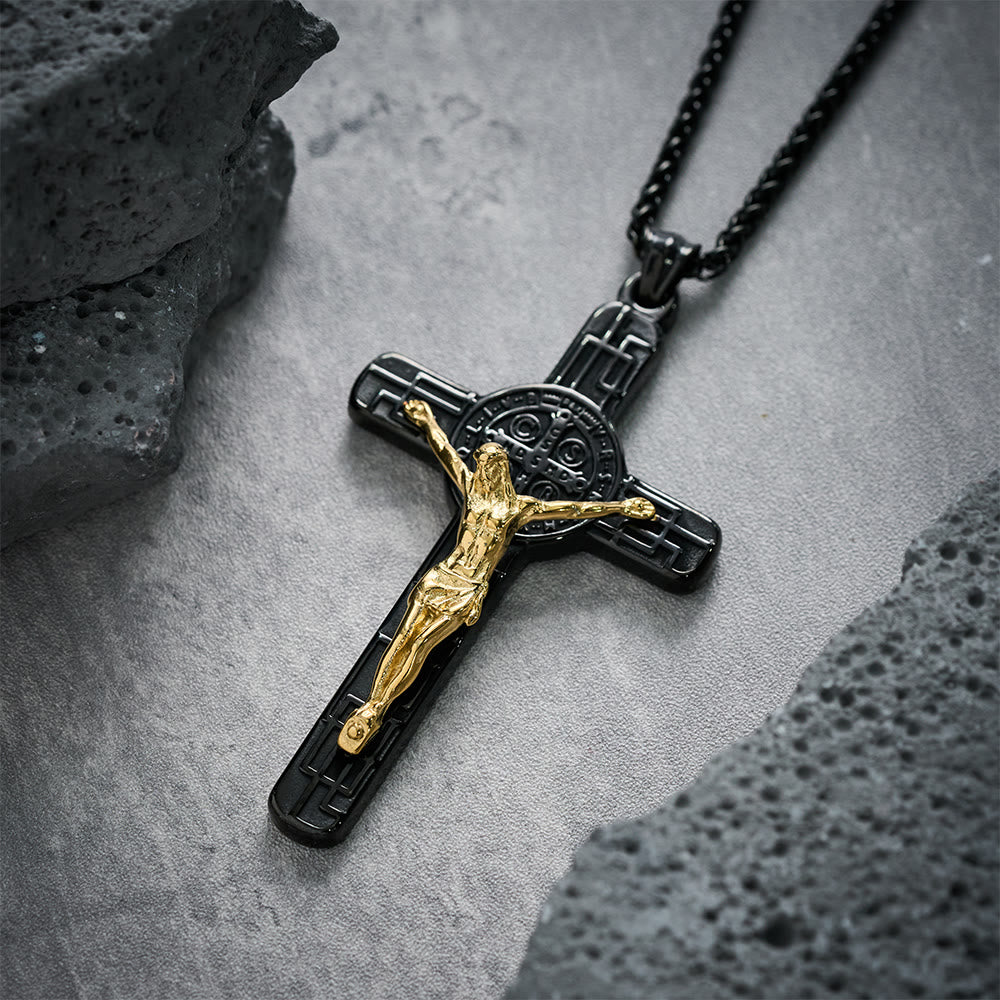 Christianartworkshop Classic Retro Style Crucifix St. Benedict Medal Protection Pendant Necklace - Black-gold - image 6