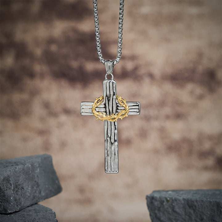 Christianartworkshop Modern Style Jesus Crown Of Thorns Cross Sacred Protection Pendant Necklace - Silver&Gold - image 0