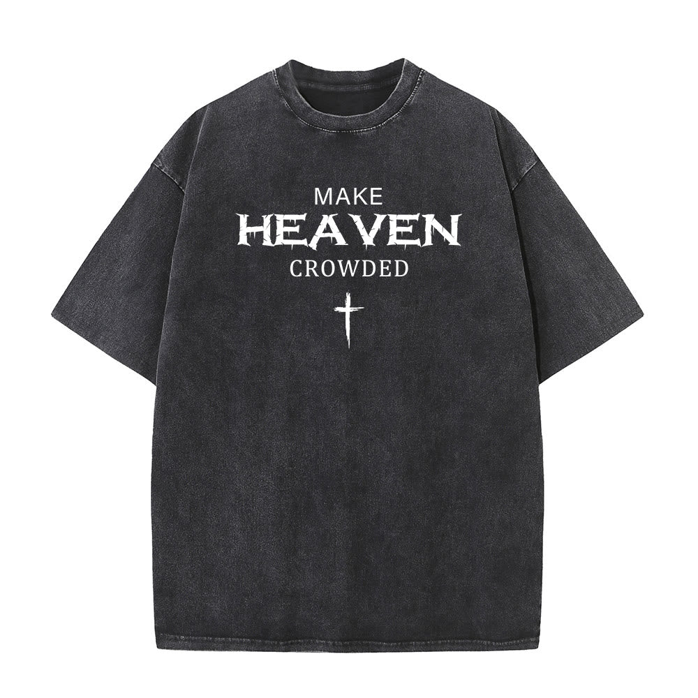 Christianartworkshop Make Heaven Crowded Cross Distressed Lettering Unisex Washed T-shirt - Black - 5XL - image 0