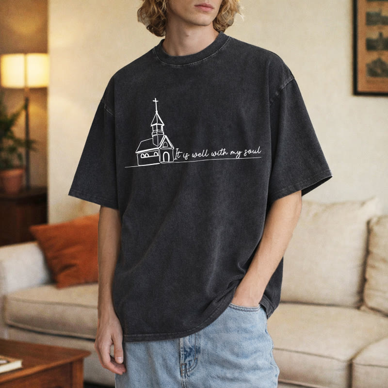 Christianartworkshop It Is Well With My Soul Church Sketch Line Art Unisex Washed T-shirt - image 2