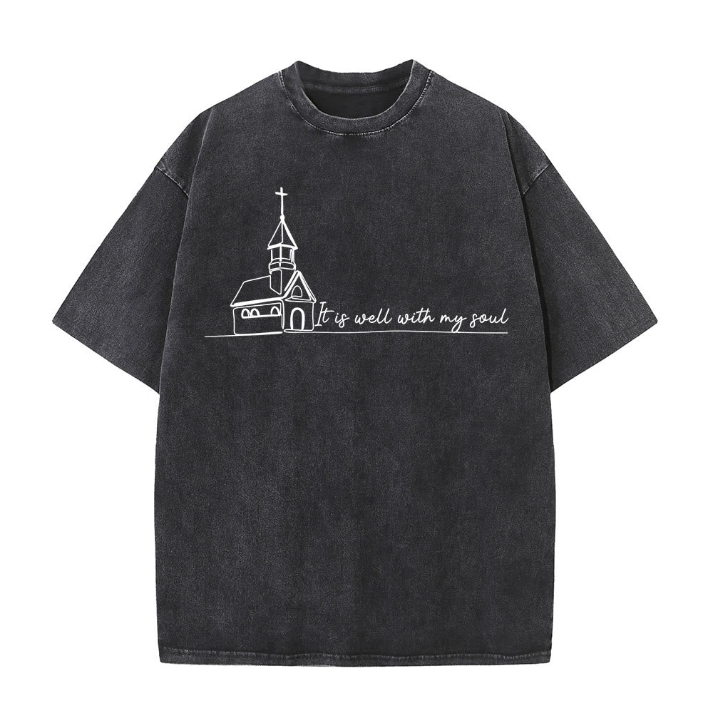 Christianartworkshop It Is Well With My Soul Church Sketch Line Art Unisex Washed T-shirt - Black - 5XL - image 1