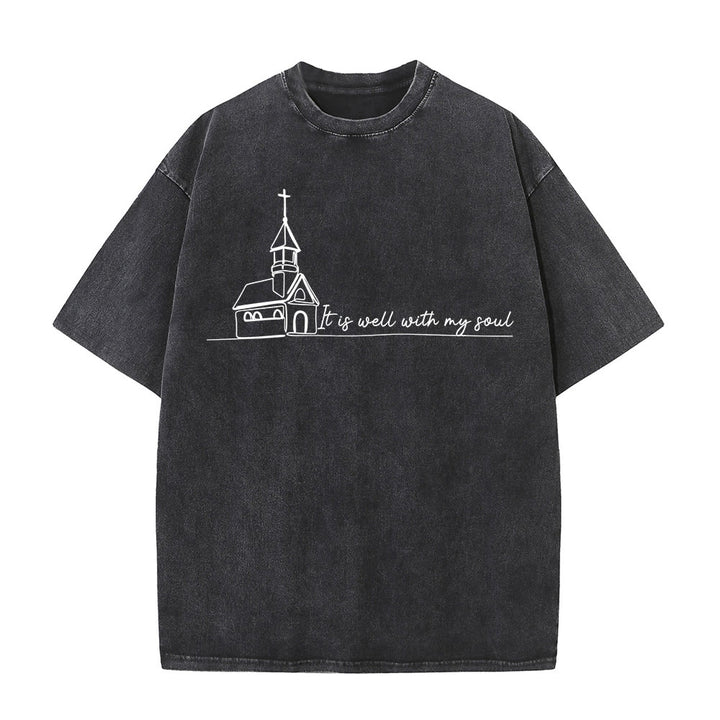 Christianartworkshop It Is Well With My Soul Church Sketch Line Art Unisex Washed T-shirt - Black - 5XL - image 1