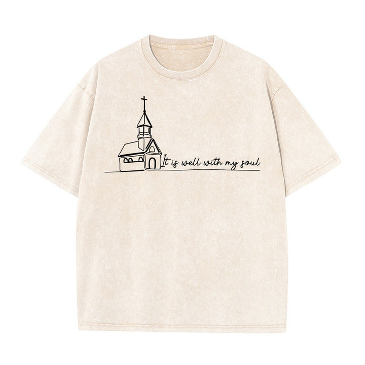 Christianartworkshop It Is Well With My Soul Church Sketch Line Art Unisex Washed T-shirt - Beige - 5XL - image 9