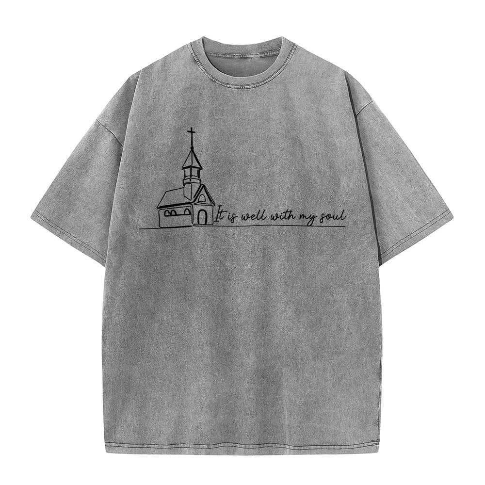 Christianartworkshop It Is Well With My Soul Church Sketch Line Art Unisex Washed T-shirt - Grey - 5XL - image 0