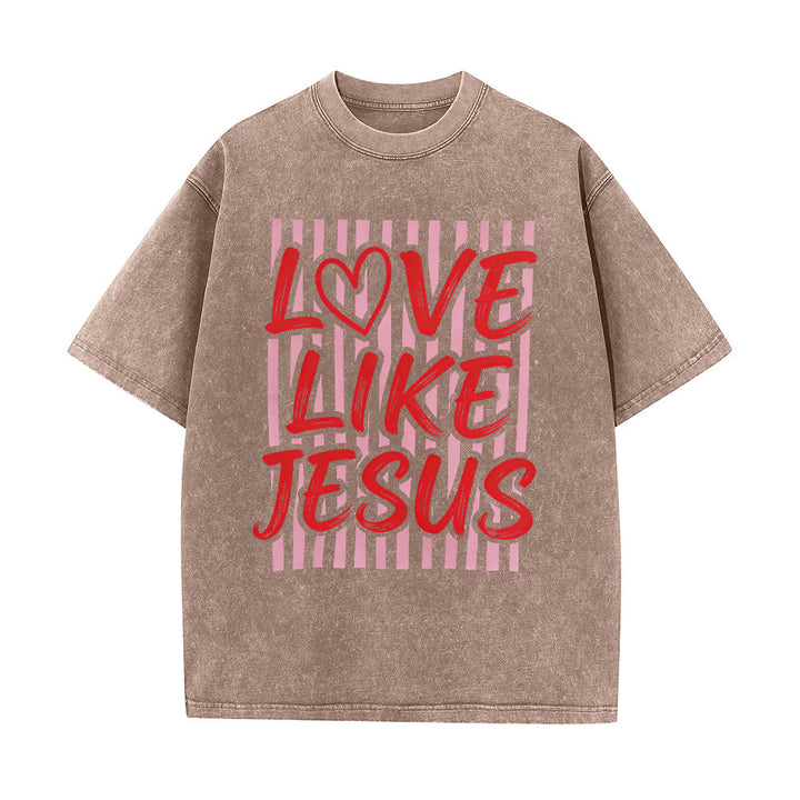 Christianartworkshop Love Like Jesus Heart Letter Stripe Background Unisex Washed T-shirt - Brown - 5XL - image 10