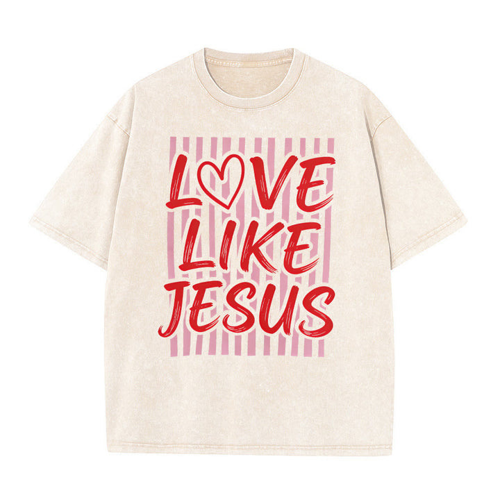 Christianartworkshop Love Like Jesus Heart Letter Stripe Background Unisex Washed T-shirt - Beige - 5XL - image 11
