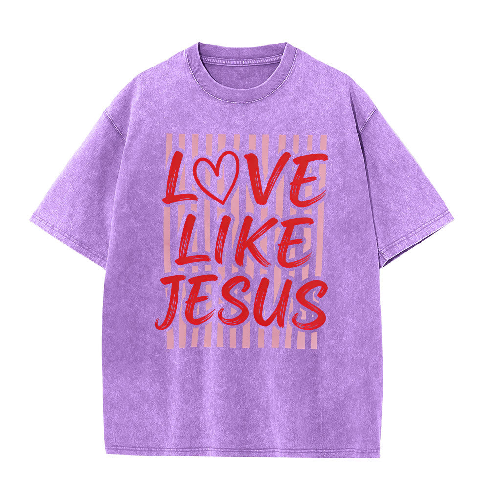 Christianartworkshop Love Like Jesus Heart Letter Stripe Background Unisex Washed T-shirt - Purple - 5XL - image 0