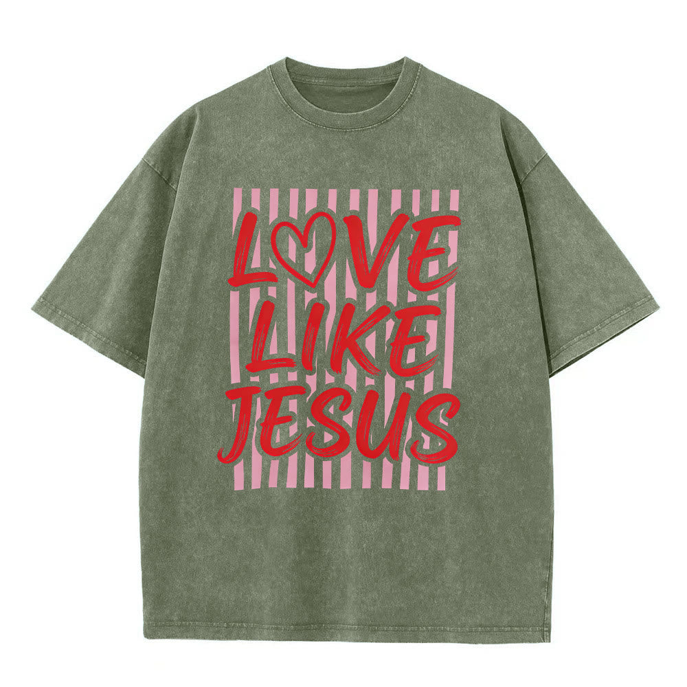 Christianartworkshop Love Like Jesus Heart Letter Stripe Background Unisex Washed T-shirt - Army Green - 5XL - image 8