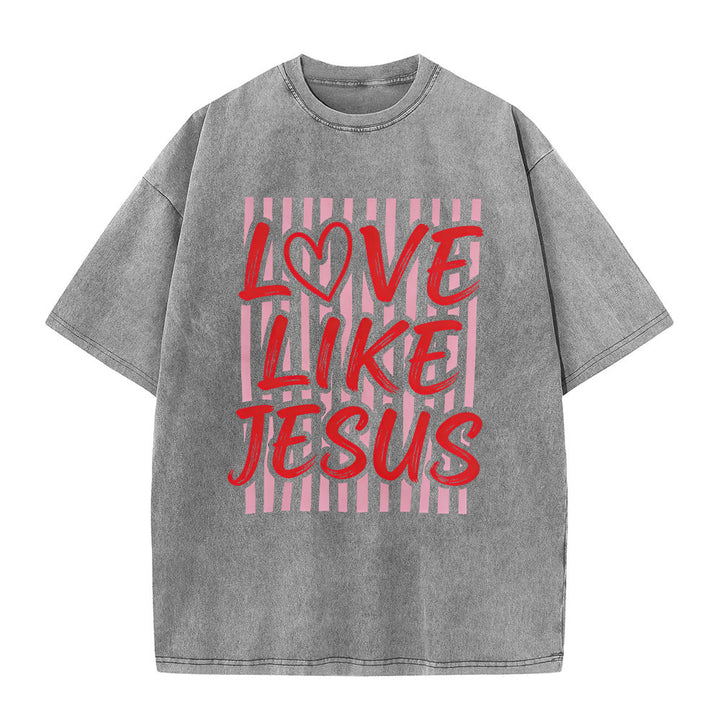 Christianartworkshop Love Like Jesus Heart Letter Stripe Background Unisex Washed T-shirt - Grey - 5XL - image 2