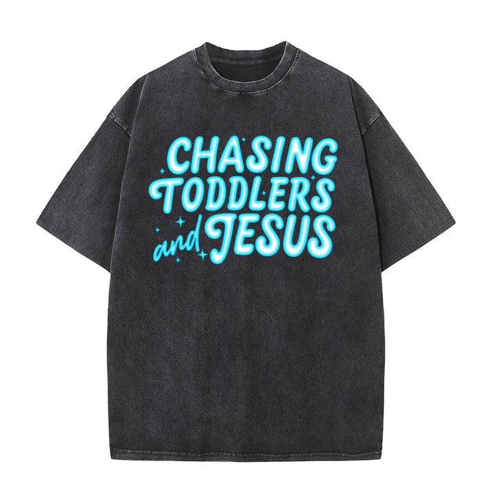 Christianartworkshop Chasing Toddlers and Jesus Bubble Letter Star Accent Unisex Washed T-shirt - Black - 5XL - image 6