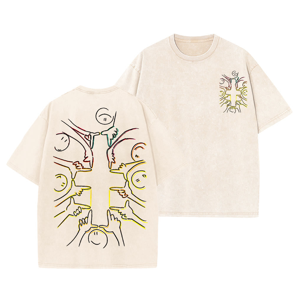 Christianartworkshop Unity Cross Human Figure Line Art Unisex Washed T-shirt - Beige - 5XL - image 9
