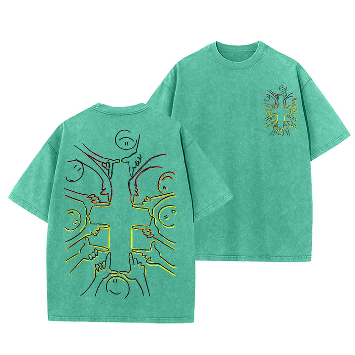 Christianartworkshop Unity Cross Human Figure Line Art Unisex Washed T-shirt - Green - 5XL - image 3