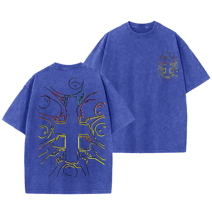 Christianartworkshop Unity Cross Human Figure Line Art Unisex Washed T-shirt - Blue - 5XL - image 18