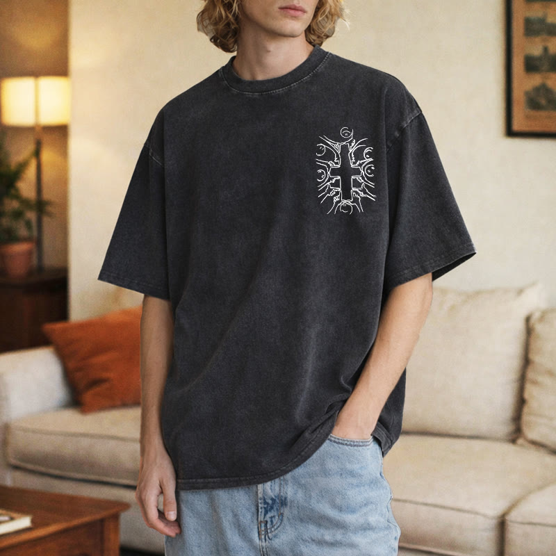Christianartworkshop Unity Cross Human Figure Line Art Unisex Washed T-shirt - image 27