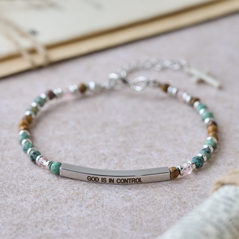 Christianartworkshop Natural African Turquoise Psalm 46:5 Bracelet: Engraved Bar & Stone Bead Design - God IS IN CONTROL(Silver) - image 6