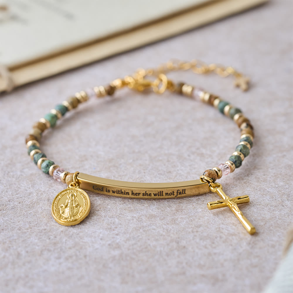 Christianartworkshop Natural African Turquoise Psalm 46:5 Bracelet: Engraved Bar & Stone Bead Design - God is within her she will not fall(Golden) - image 0