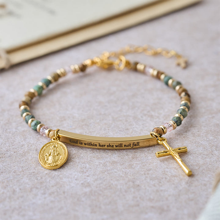 Christianartworkshop Natural African Turquoise Psalm 46:5 Bracelet: Engraved Bar & Stone Bead Design - God is within her she will not fall(Golden) - image 0