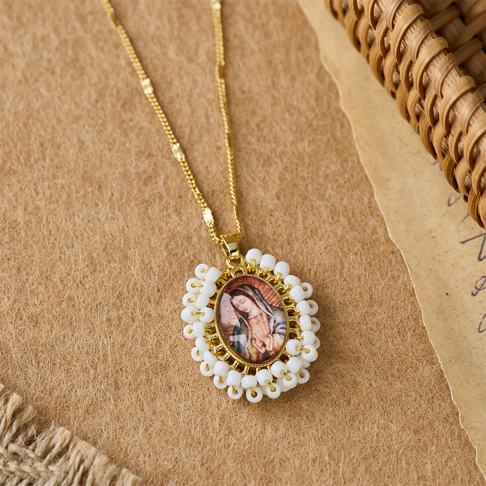 Christianartworkshop Marian Icon Beaded Oval Pendant Necklace: A Token of Virgin Mary Devotion - White - image 9