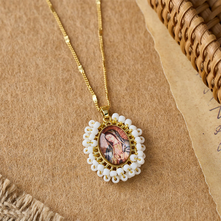 Christianartworkshop Marian Icon Beaded Oval Pendant Necklace: A Token of Virgin Mary Devotion - White - image 9