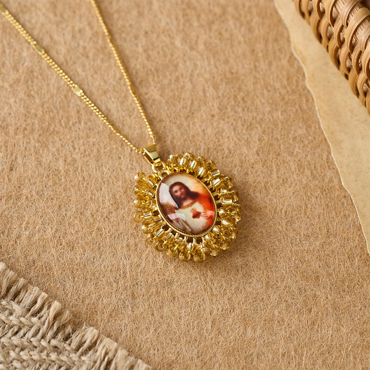 Christianartworkshop Marian Icon Beaded Oval Pendant Necklace: A Token of Virgin Mary Devotion - Golden - image 10