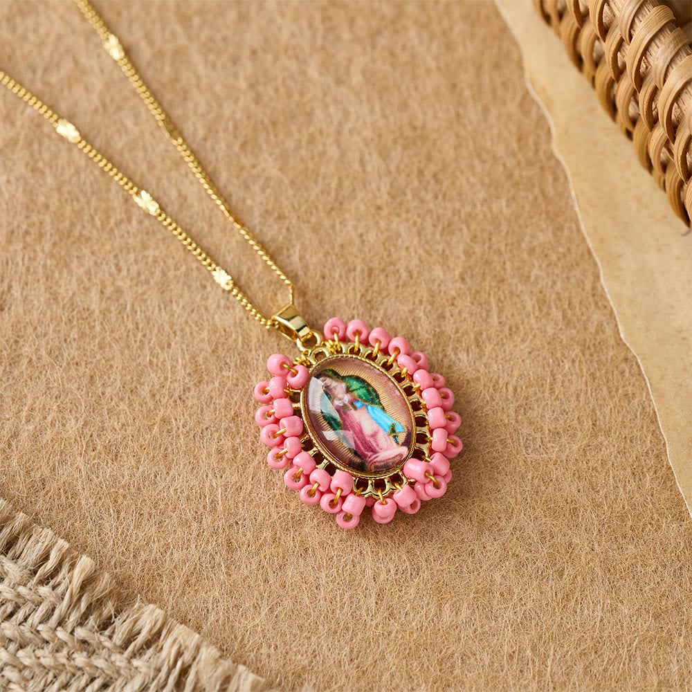 Christianartworkshop Marian Icon Beaded Oval Pendant Necklace: A Token of Virgin Mary Devotion - Rose - image 5
