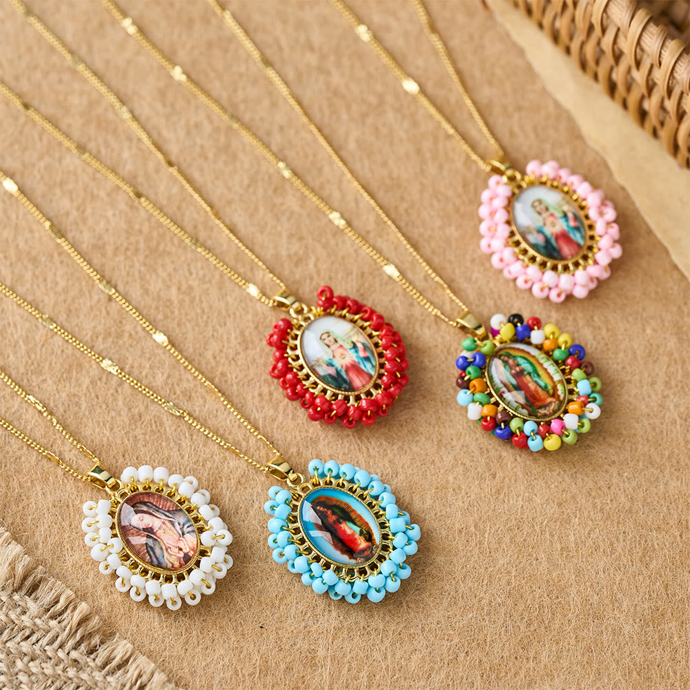 Christianartworkshop Marian Icon Beaded Oval Pendant Necklace: A Token of Virgin Mary Devotion - image 1