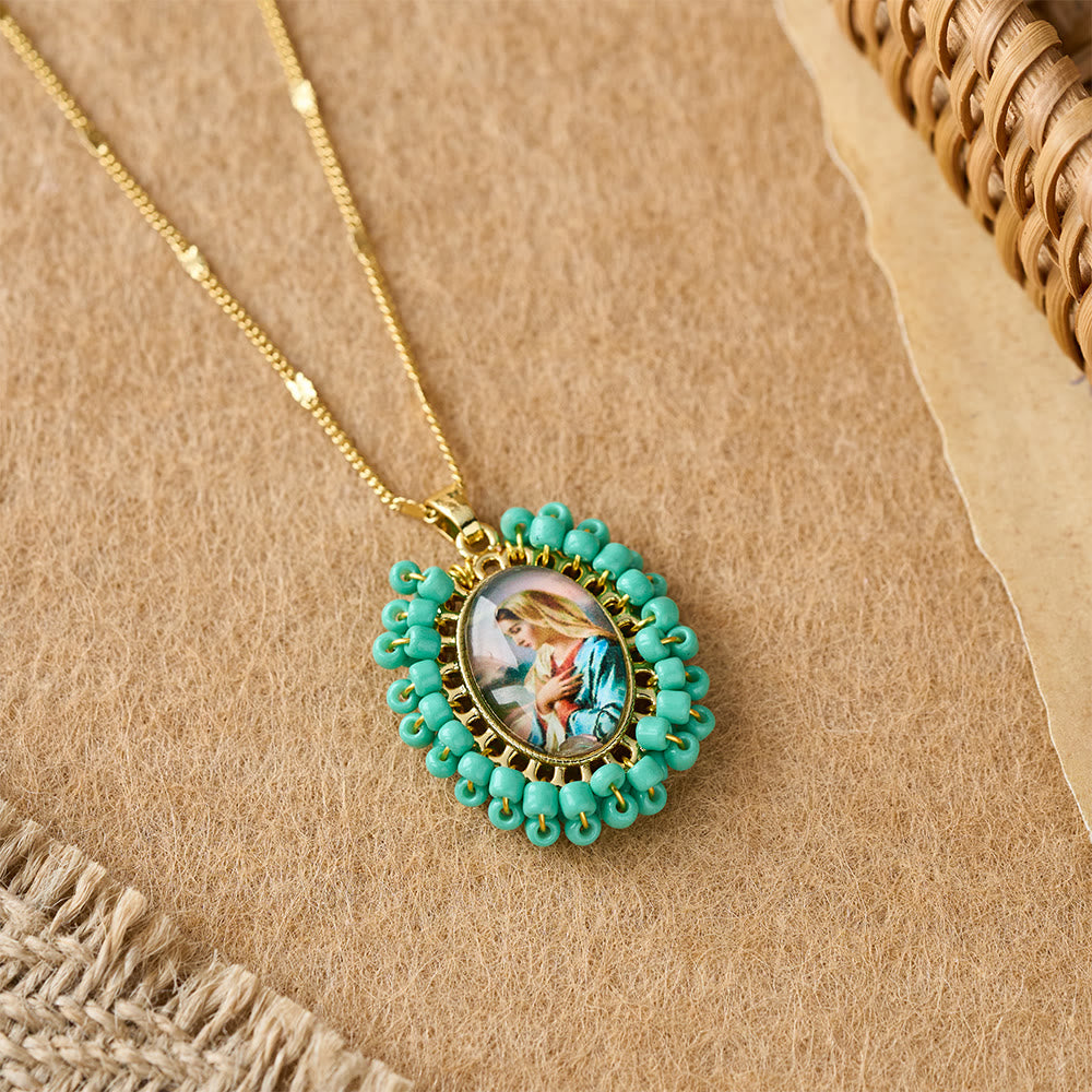 Christianartworkshop Marian Icon Beaded Oval Pendant Necklace: A Token of Virgin Mary Devotion - Green - image 6