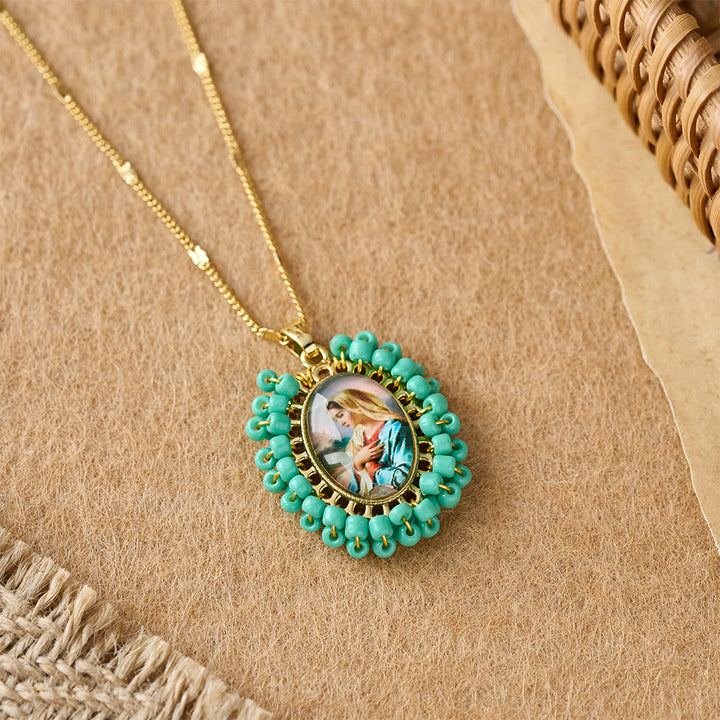 Christianartworkshop Marian Icon Beaded Oval Pendant Necklace: A Token of Virgin Mary Devotion - Green - image 6
