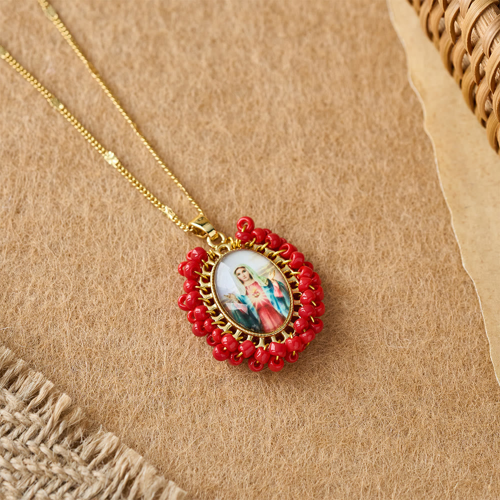 Christianartworkshop Marian Icon Beaded Oval Pendant Necklace: A Token of Virgin Mary Devotion - Red - image 11