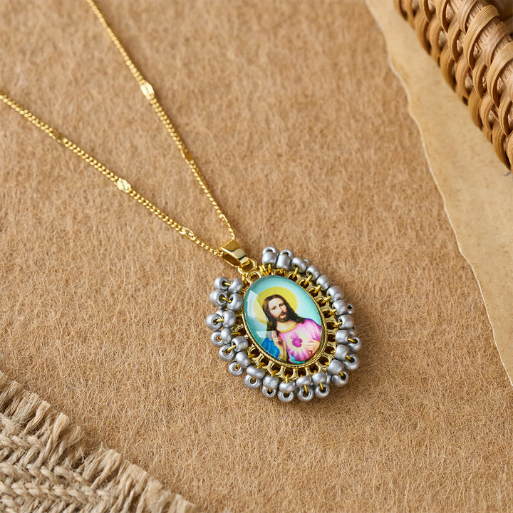 Christianartworkshop Marian Icon Beaded Oval Pendant Necklace: A Token of Virgin Mary Devotion - Silver - image 4
