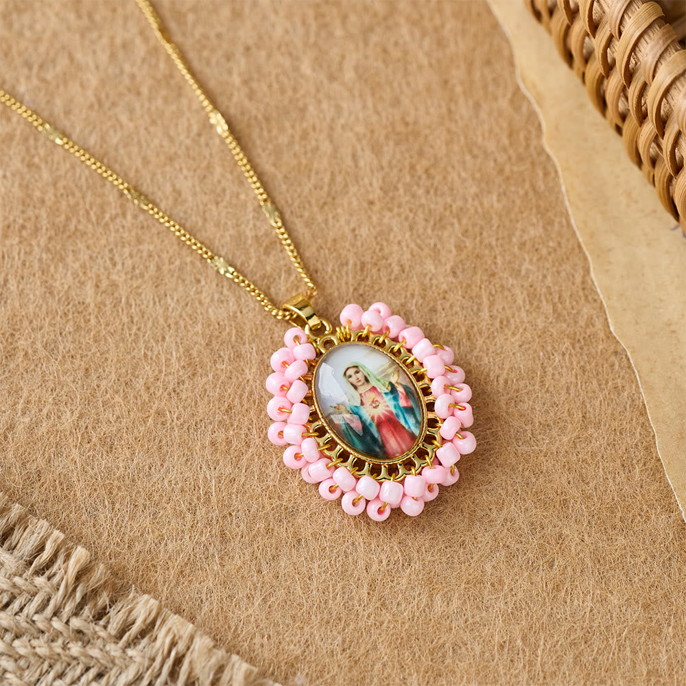 Christianartworkshop Marian Icon Beaded Oval Pendant Necklace: A Token of Virgin Mary Devotion - Pink - image 7