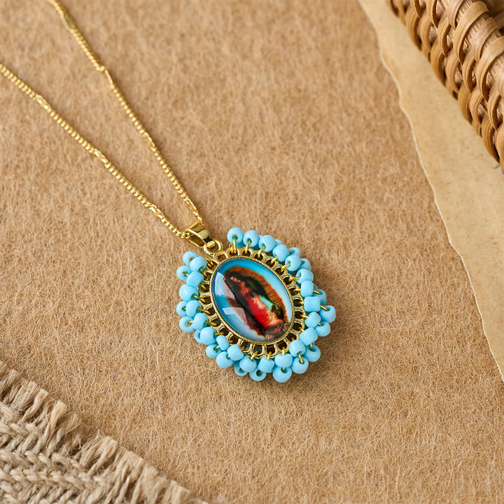 Christianartworkshop Marian Icon Beaded Oval Pendant Necklace: A Token of Virgin Mary Devotion - Blue - image 2