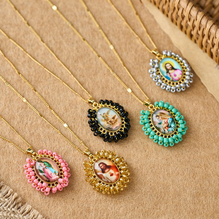 Christianartworkshop Marian Icon Beaded Oval Pendant Necklace: A Token of Virgin Mary Devotion - image 0