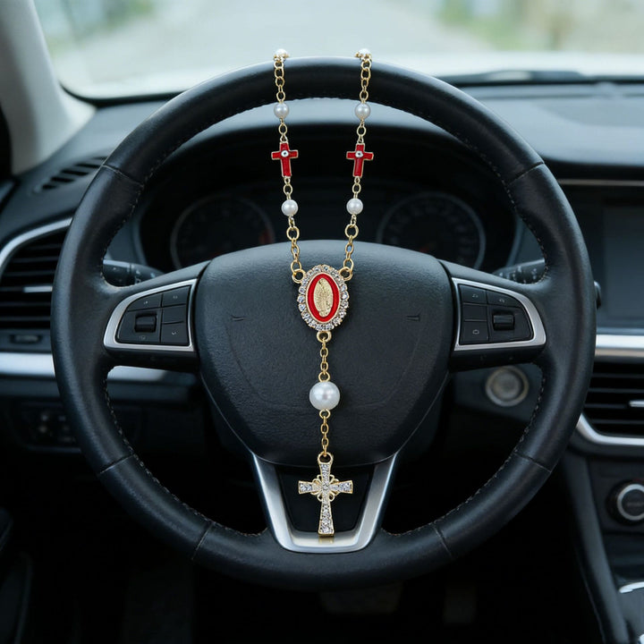 Christianartworkshop Virgin Mary Icon Cross Pearl Car Pendant: A Symbol of Safe Travels & Faith - Red - image 4