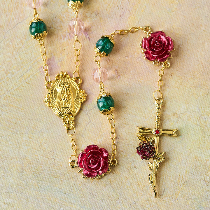 Christianartworkshop Sparkling Green & Pink Beads Red Rose Rosary with Our Lady Charm - image 5