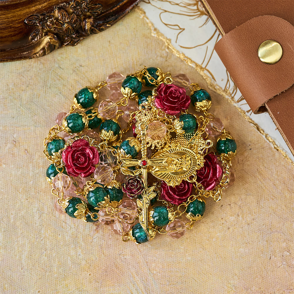 Christianartworkshop Sparkling Green & Pink Beads Red Rose Rosary with Our Lady Charm - image 4