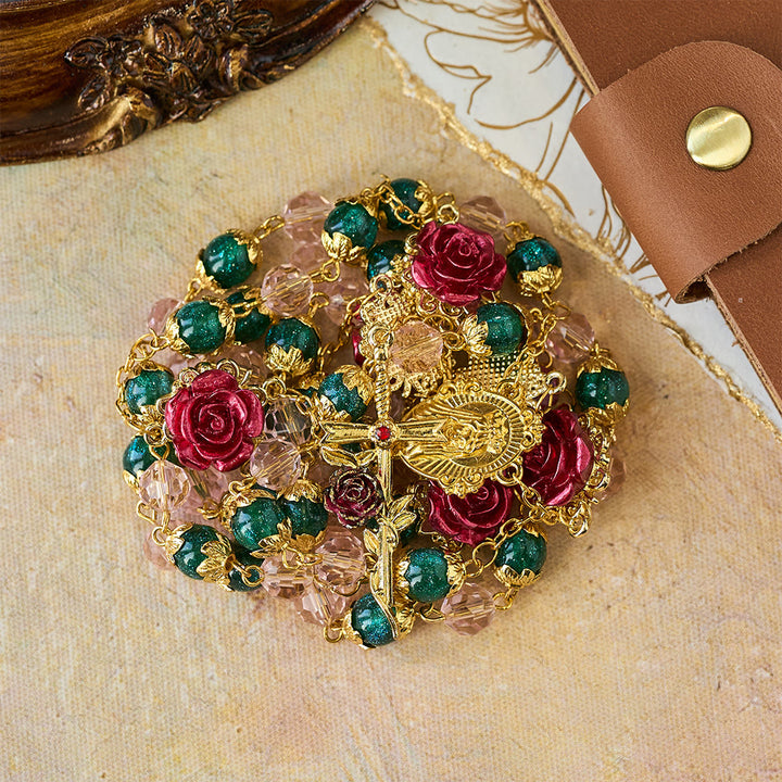 Christianartworkshop Sparkling Green & Pink Beads Red Rose Rosary with Our Lady Charm - image 4