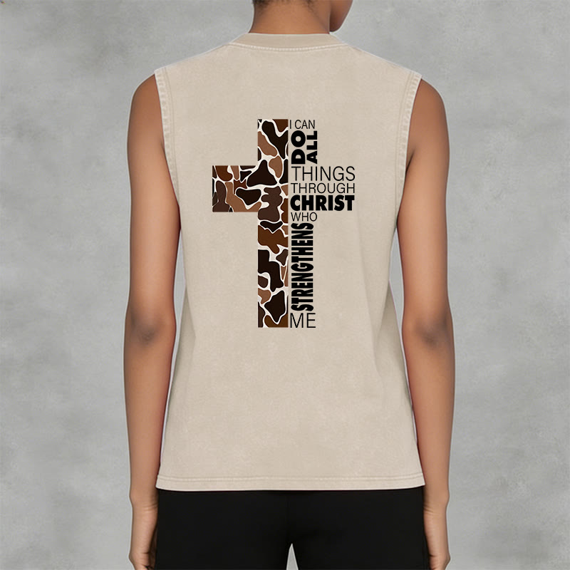 Christianartworkshop I Can Do All Things Through Christ Camo Cross Unisex Washed Tank Top - image 18