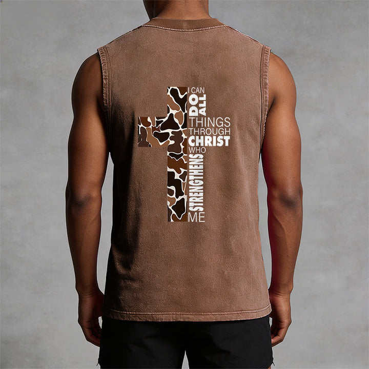 Christianartworkshop I Can Do All Things Through Christ Camo Cross Unisex Washed Tank Top - image 23