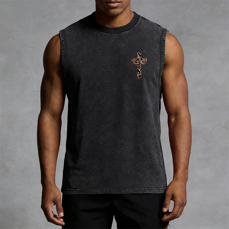 Christianartworkshop I Can Do All Things Through Christ Camo Cross Unisex Washed Tank Top - image 3