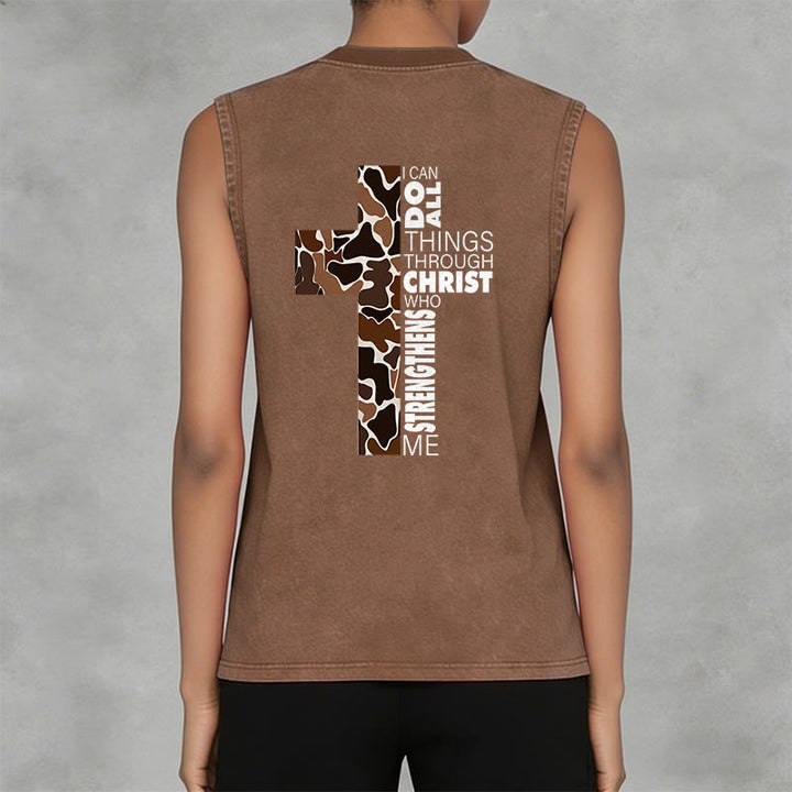 Christianartworkshop I Can Do All Things Through Christ Camo Cross Unisex Washed Tank Top - image 25