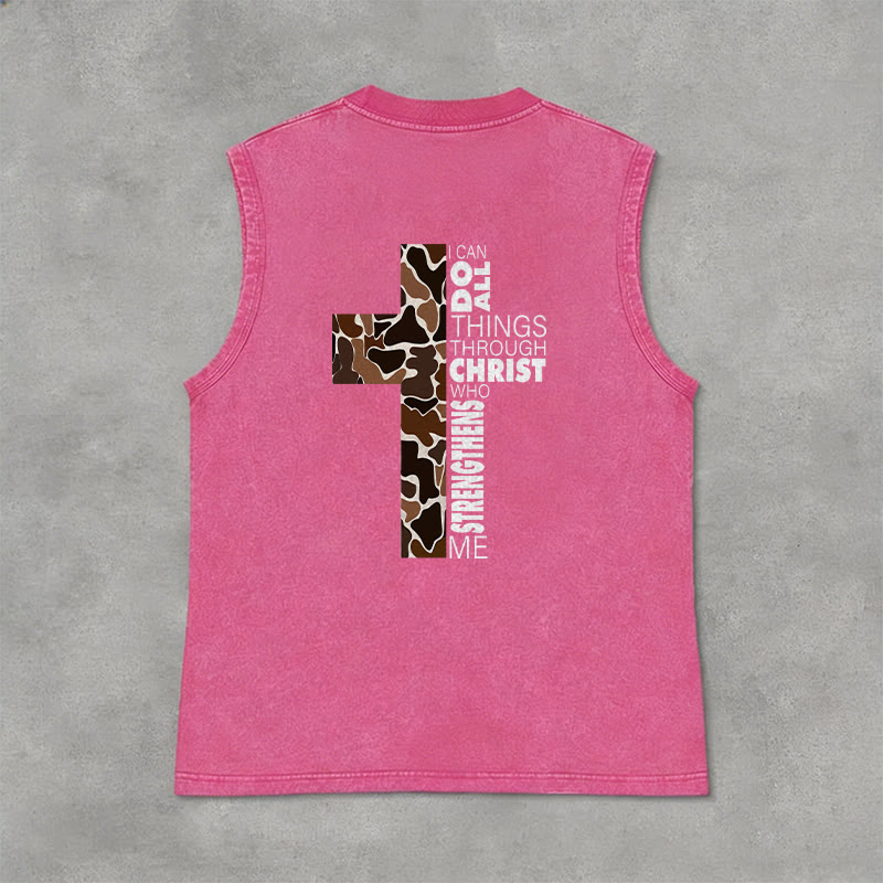 Christianartworkshop I Can Do All Things Through Christ Camo Cross Unisex Washed Tank Top - image 35