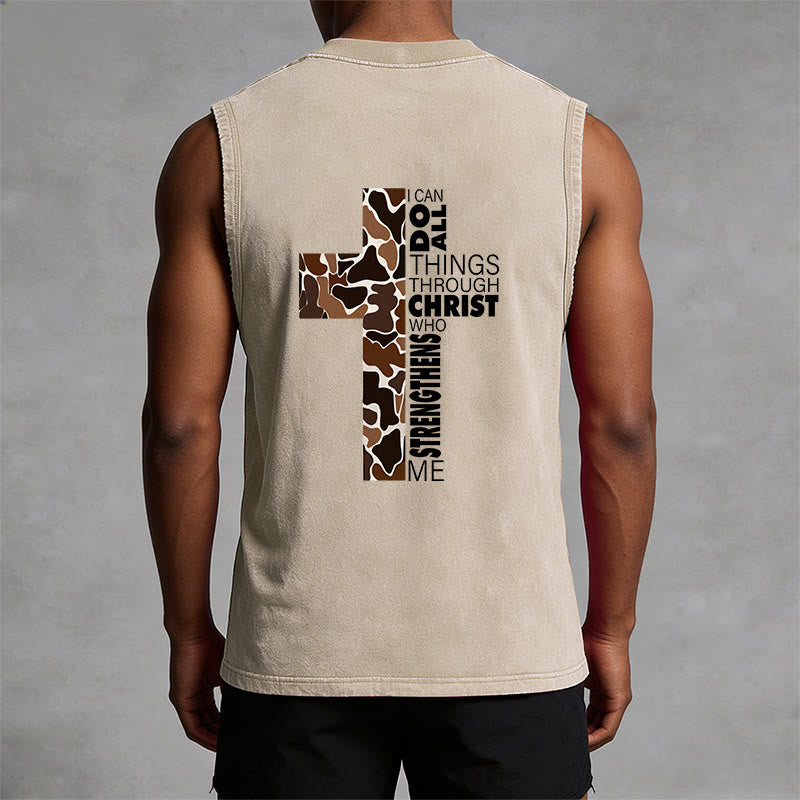 Christianartworkshop I Can Do All Things Through Christ Camo Cross Unisex Washed Tank Top - image 16